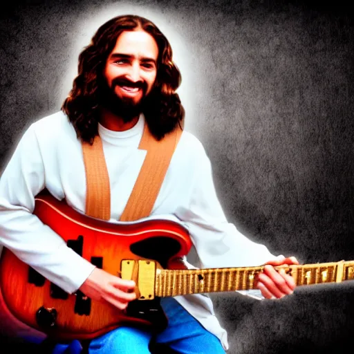 Image similar to a photo of Jesus Christ playing electric guitar smiling, HDR 8k