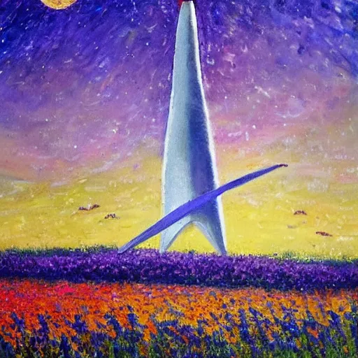 Prompt: spacex starship rocket landing in a field of flowers at sunset, impressionist painting