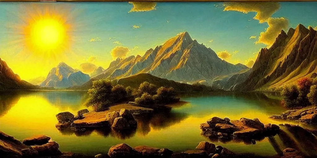 Prompt: a beautiful landscape, sun rises between two mountains, a lake in between the mountains, painting by john stephans, extremely detailed, hyper realism