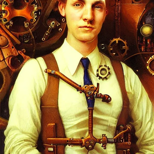 Image similar to portrait of a steampunk engineer, by howard david johnson