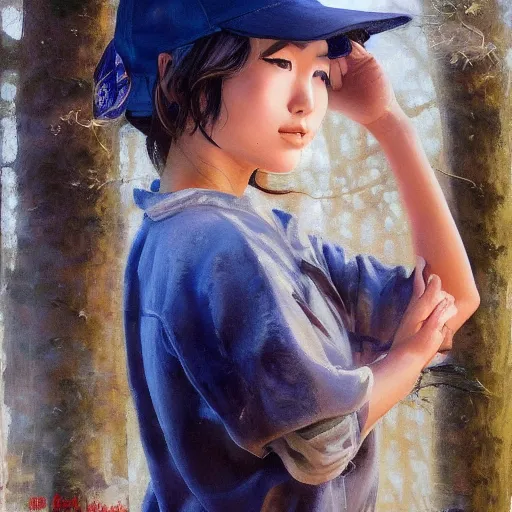 Image similar to oil painting by ilya kuvshinov,, baugh casey, artgerm craig mullins, coby whitmore, of a youthful japanese girl, long hair, fishing and wearing fisherman's outfit, fisherman's hat, highly detailed, breathtaking face, studio photography, noon, intense bounced light, water reflection, large tree casting shadow, serine intense sunlight