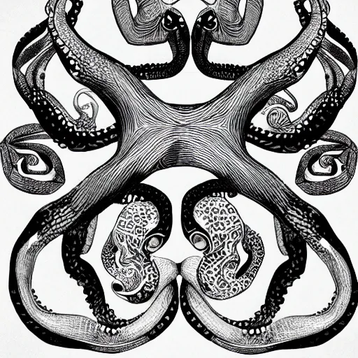 Image similar to interlocking shapes of fishes turning into octopuses, M.c. Escher, black and white, 4k