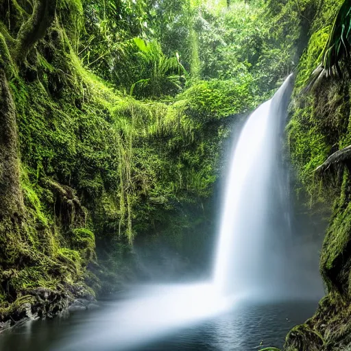 Image similar to A waterfall in the jungle, 8k, professional photography, cinematic shot, dark, smoke