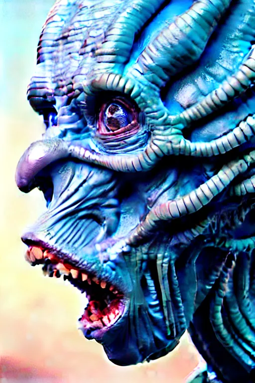 Image similar to hyperrealistic close-up pastel rococo alien! highly detailed concept art eric zener elson peter cinematic hard blue lighting high angle hd 8k sharp shallow depth of field, inspired by David Paul Cronenberg and Zdzisław Beksiński