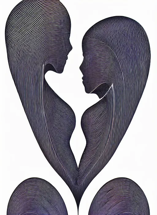 Image similar to 1 px color ink art by santiago calatrava, perfectly centered symmetrical balanced male and female portrait of man and woman in love sharing one heart. high coherence ; fractal geometrical 8 k ultra hd