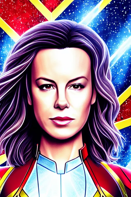 Prompt: Kate Beckinsale as Captain Marvel high quality digital painting in the style of James Jean