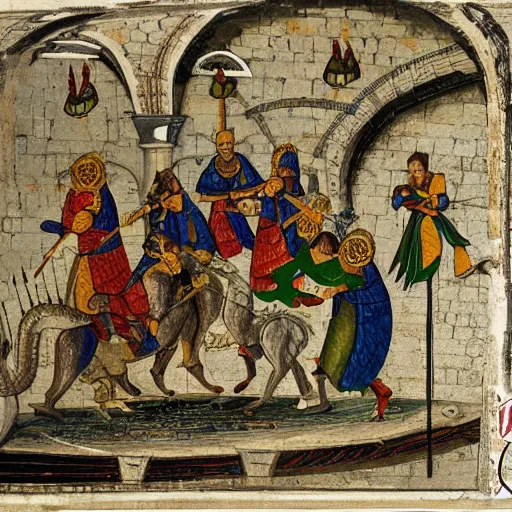 Image similar to a group of Byzantine knights fighting a dragon inside a cistern underneath Istanbul
