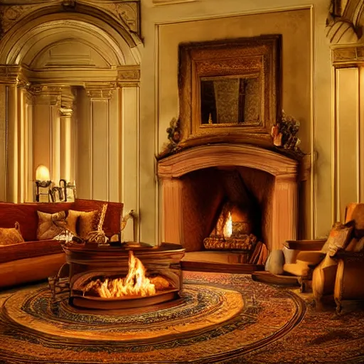 Prompt: renaissance style fireplace, fire burning, cozy lounge ambiance, low lightning, room is lit by the fire, 4 k, hyper realistic photography