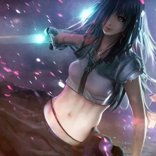 Image similar to beautiful anime girl in the style of final fantasy 7 with purple eyes, wearing jeans, perfect body, standing in the rain, high quality anime art, trending on artstation, 8K octane render, wallpaper