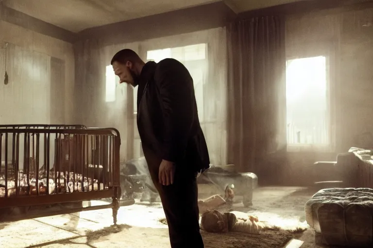 Image similar to film still of Tom Hardy as Max Payne in a dark dream next to a baby crib in the Max Payne movie, 4k