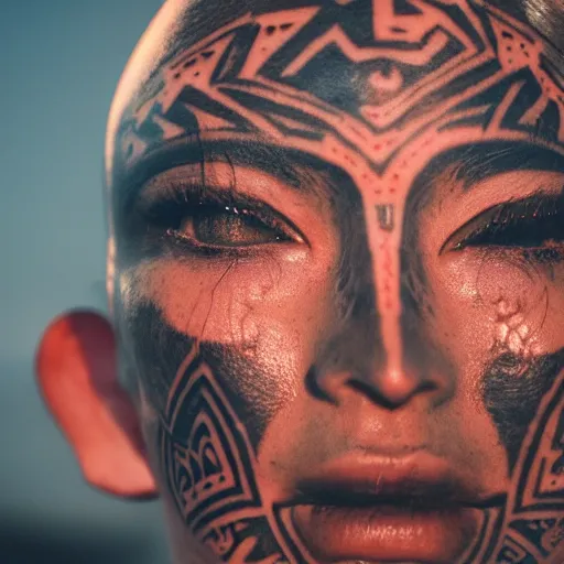 Image similar to portrait photo of a beautiful alien face with tribal tattoos on face, golden hour, 8 0 mm lens