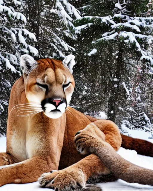 Prompt: magazine article showing 'a cougar sleeping in the middle of snowy pine tree' laying on coffee table, zoomed out shot, HD, iphone screenshot