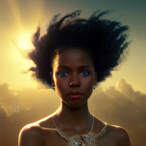 Image similar to a Photorealistic dramatic hyperrealistic bright blue eyes, African American elegant girl, black hair, white veil,by WLOP,Artgerm,Greg Rutkowski,Alphonse Mucha, Dang My Linh, Beautiful dynamic dramatic bright sunset lighting,shadows,cinematic atmosphere,Artstation,concept design art,Octane render,8k