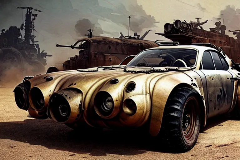 Image similar to dieselpunk mad max alpine a 1 1 0 with guns installed, painted by greg rutkowski makoto shinkai takashi takeuchi studio ghibli, akihiko yoshida