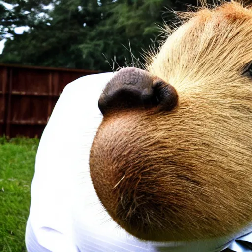 Image similar to an antropomorphic capybara wearing a suit