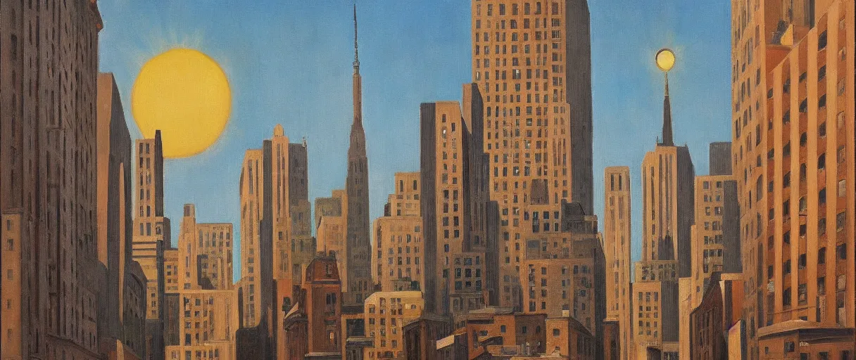 Prompt: Manhattan hanging sun in winter, street view, warm lighting, oil painting, by Giorgio de Chirico