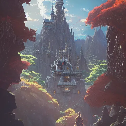 Image similar to An imposing and highly ornamented fantasy castle, Carved from Sapphire stone, Atmosphere, Dramatic lighting, Beautiful Landscape, Epic composition, Wide angle, by Makoto Shinkai