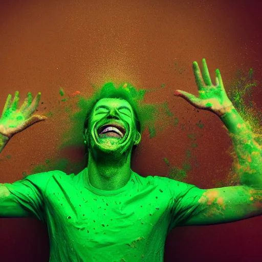 Image similar to man covered in green powder laughing hysterically, hyper detailed, award winning photograph, 8k image