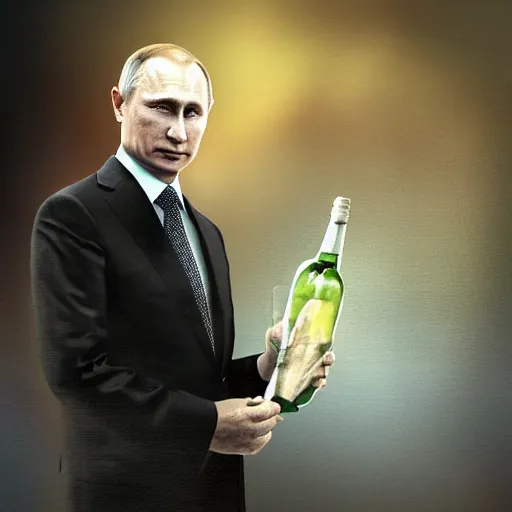 Prompt: vladimir putin wearing a dress and holding a bottle of arak, cinematic, beautiful digital painting, hyper detailed