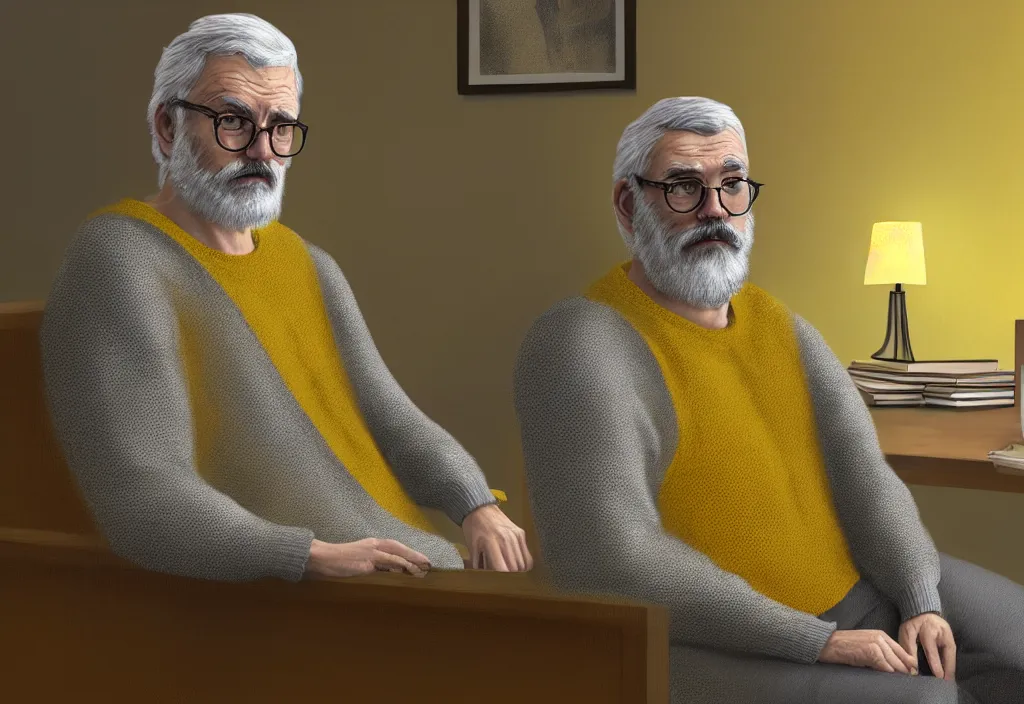 Image similar to Gray bearded professor sits in his study wearing a yellow sweater, hyperrealistic, portrait, concept art, illustration, 8k, artstation, digital painting