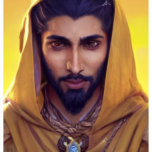 Image similar to portrait of young arabian nomad half wolf, with yellow cloths, league of legends splash art, hearthstone splash art, full body shot, rule of thirds, ultrafine hyperrealistic detailed face, artgerm, greg rutkowski, trending on artstation, 8 k, intricately detailed, highly detailed