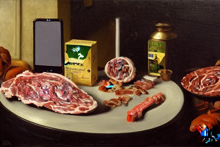 Image similar to a vanitas painting depicting an NVIDIA RTX A100 GPU, graphics card and a smartphone as well as packaged meat