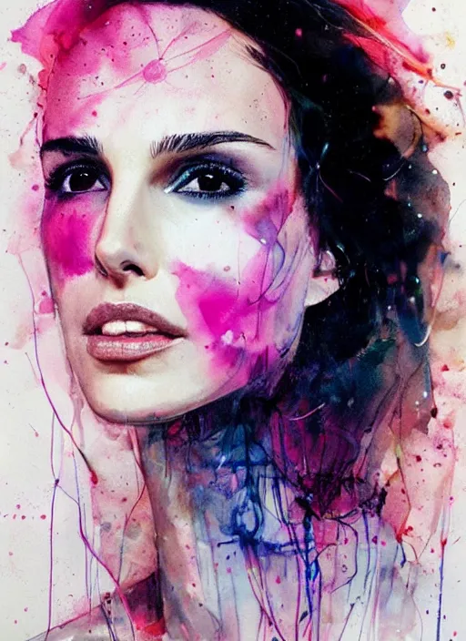 Prompt: sexy vicious smile nathalie portman by agnes cecile, extremely luminous design, bright design, pastel colours, ink drips, autumn lights