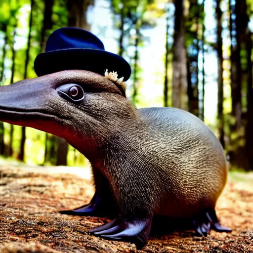 Image similar to detailed photograph of a platypus wearing a fedora in a forest, national geographic, realistic, cinematic lighting, 8 k, cute, adorable, fedora, wearing a hat, wearing a fedora, realistic