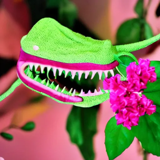 Image similar to studio photograph of a thin green vine creature with vine limbs and a pink blooming flower mouth with many sharp teeth