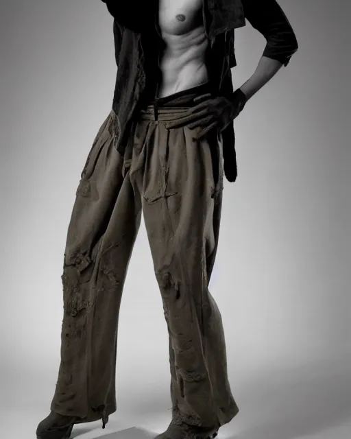 Image similar to an award - winning photo of an ancient male model wearing a plain boot cut flared distressed medieval designer menswear trousers designed by issey miyake, 4 k, studio lighting, wide angle lens, 2 0 0 4