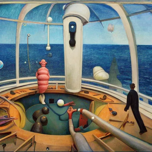 Image similar to deep sea scientists in a giant bathysphere, interior, fantastical, comedic, dystopian, grant wood, pj crook, edward hopper, oil on canvas