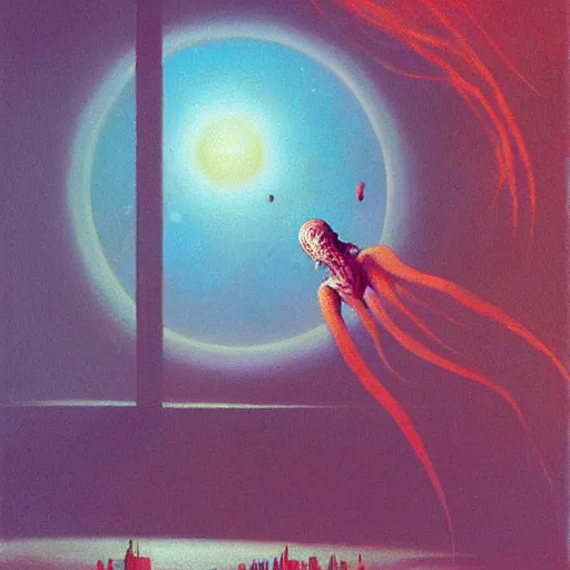 Image similar to portrait painting of jellyfish shark moon star, science fiction, Edward Hopper and James Gilleard, Zzislaw Beksinski, highly detailed