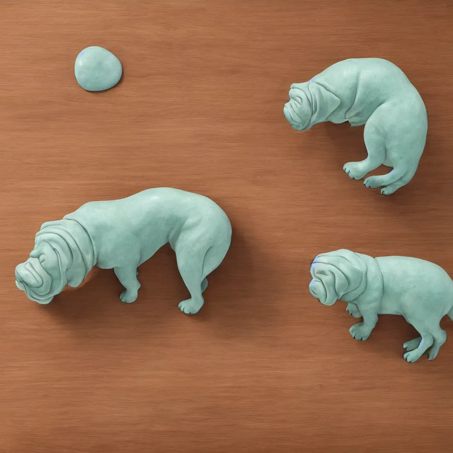 Image similar to beautiful gallery show studio photograph of a giant realistic rounded ceramic sculpture of a shar pei dog, fractal 3 d structure, celadon glaze, placed on a polished wooden table, colorful hyperrealism 8 k trending on artstation