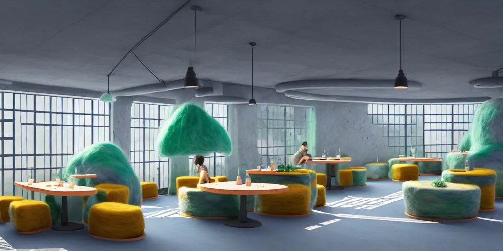 Image similar to an indoor modern cafe, watercolor and wool felting style, design by beeple, isometric style