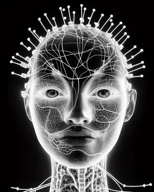 Image similar to black and white connected cyborg - plant goddess high quality photo, microchip, artificial intelligence, bio - mechanical bio - luminescence, black wired cables, neurons, nerve cells, cinematic, rim light, photo - realistic, elegant, high detail, 8 k, masterpiece, high fashion