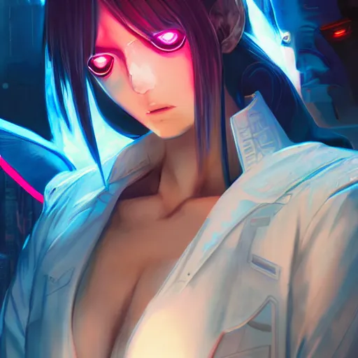 Prompt: anime cyberpunk movie still the godfather, beautiful full body female android cyborg - angel, glowing red left eye and glowing blue right eye, cinematic lighting, advanced digital cyberpunk art, wlop, rossdraws sakimimichan, ilya kuvshinov, krenz cushart, greg rutkowski - c 1 2