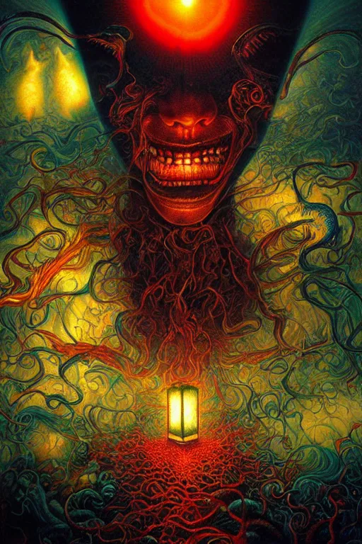 Image similar to hell, people suffering, evil spirits roam with lanterns, highly saturated colors, overdetailed art, holographic undertones, psychedelic lights and fog, zdzislaw, ayami kojima, yamamoto, barclay shaw, karol bak, hyperrealist, 8 k