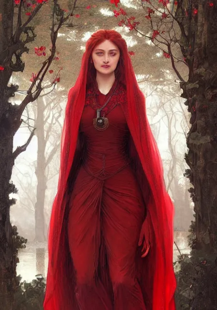 Prompt: portrait of sansa stark in red, intricate, elegant, highly detailed, digital painting, artstation, concept art, smooth, sharp focus, illustration, art by artgerm and greg rutkowski and alphonse mucha and william - adolphe bouguereau