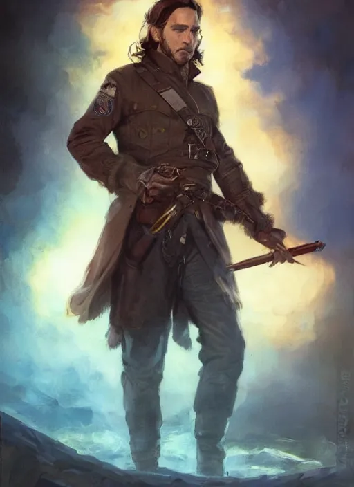 Prompt: handsome young scruffy man face, brown wavy hair, glowing blue powerful eyes, wearing blue colonial commander military jacket with a spear, portrait, by artgerm, by greg rutkowski, by noah bradley, digital avedon