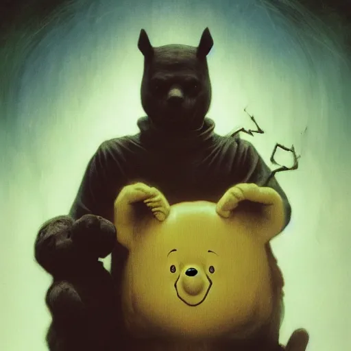 Image similar to A Satanic Evil Winnie The Pooh, psychedelic art, demonic, fullbody, artstation, dark fantasy, concept art, horror, evil, smooth, sharp focus, illustration, art by greg rutkowski and orientalism and bouguereau and Zdzislaw Beksinski, good clear quality, lighting, biology, symmetrical artwork, perfect face, 135 mm, cinematic, hyper realism, high detail, octane render, 8k, chrome accents