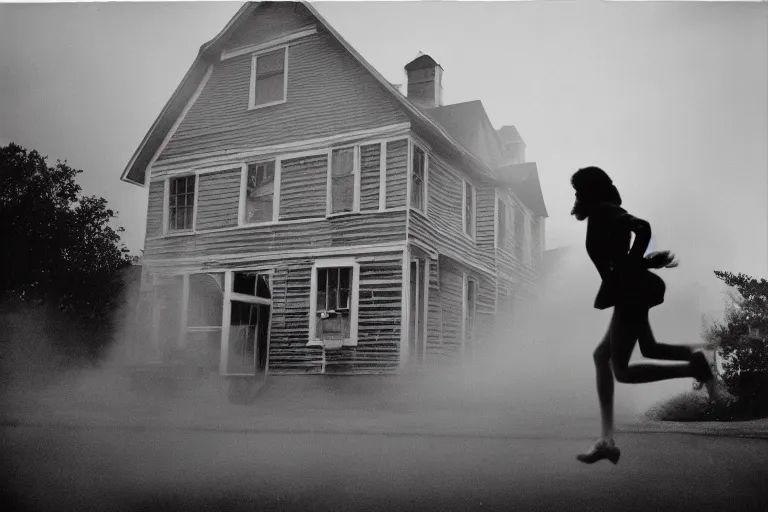 Image similar to vintage kodak film photography from 7 0 s with pro mist filter, woman running against pink house with many windows, in style of joel meyerowitz
