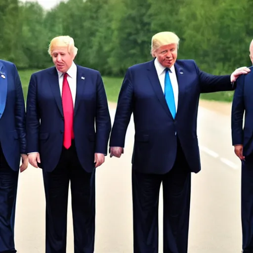 Image similar to boris johnson and vladimir putin and donald trump holding hands, raining dollars, 4 k, dslr photo, realistic, accurate