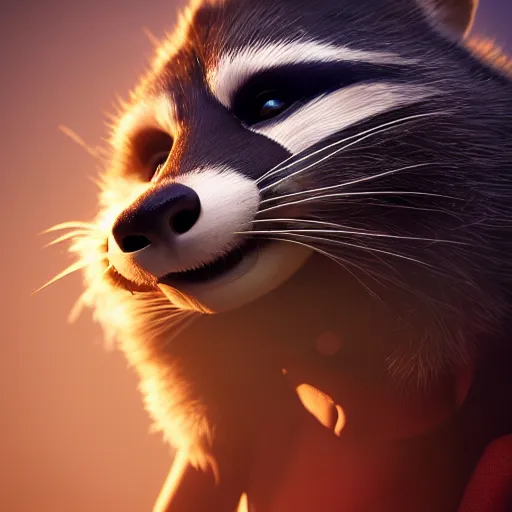 Image similar to portrait of a smiling devious racoon, dramatic lighting, 3d rendered in octane, trending on cgsociety,