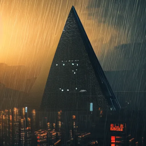 Image similar to gigantic metal pyramid in the distance, brutalist, blade runner, sci fi, stunning detail, cityscape, cyberpunk, wet street, 8k, cinematic lighting, ultra realistic, colorful, neon, octane rendered,