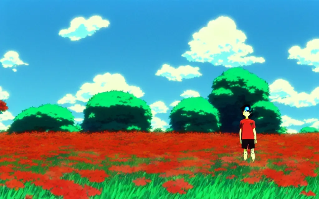 Prompt: a boy wearing a red soccer jersey day dreaming on a field of flower, beautiful bright blue sky. 35mm film. makoto shinkai, studio ghibli.