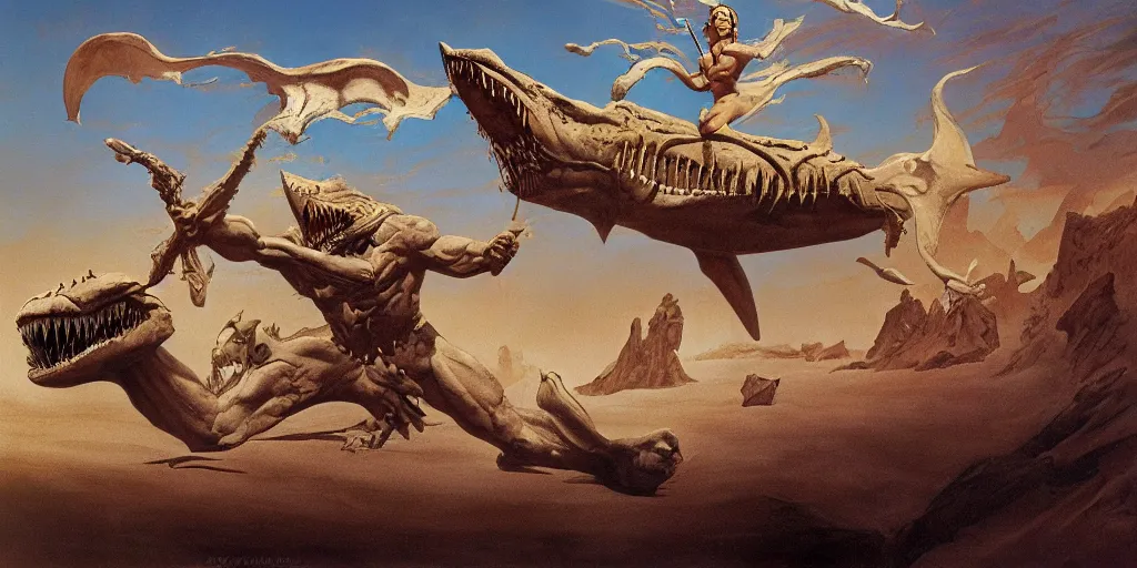 Prompt: enter the jaws of desert truth God Sand menace in the style of Frank Frazetta, Jeff Easley, extremely clear and coherent, intricate and detailed, 8K resolution