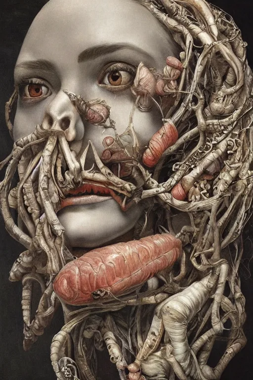 Image similar to Detailed maximalist portrait of a greek god with large lips and eyes, scared expression, botanical anatomy, skeletal with extra flesh, HD mixed media, 3D collage, highly detailed and intricate, surreal illustration in the style of Jenny Saville, dark art, baroque, centred in image