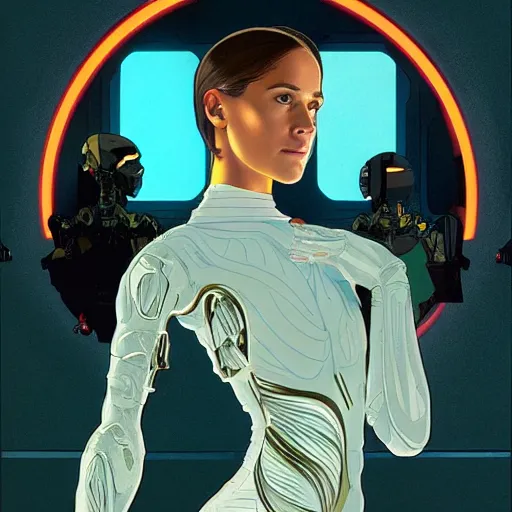 Image similar to Alicia Vikander gets a human body in Ex Machina, highly detailed, artstation, digital illustration, concept art, by Kyoto Animation and Studio Ghibli, by Ilya Kuvshinov and Alphonse Mucha