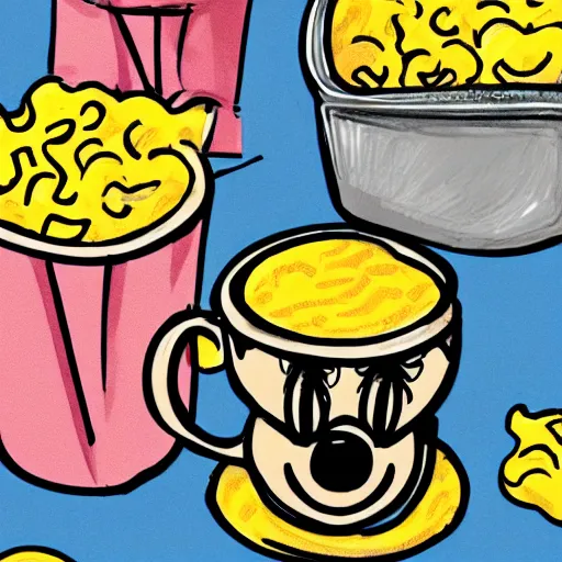 Prompt: a hand drawn disney illustration of a living box of mac and cheese holding a cup of coffee