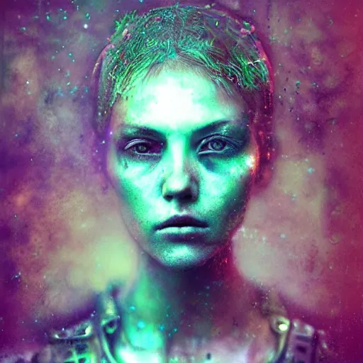 Image similar to female cyberpunk portrait by cy Twombly and BASTIEN LECOUFFE DEHARME and zhang jingna, iridescent,